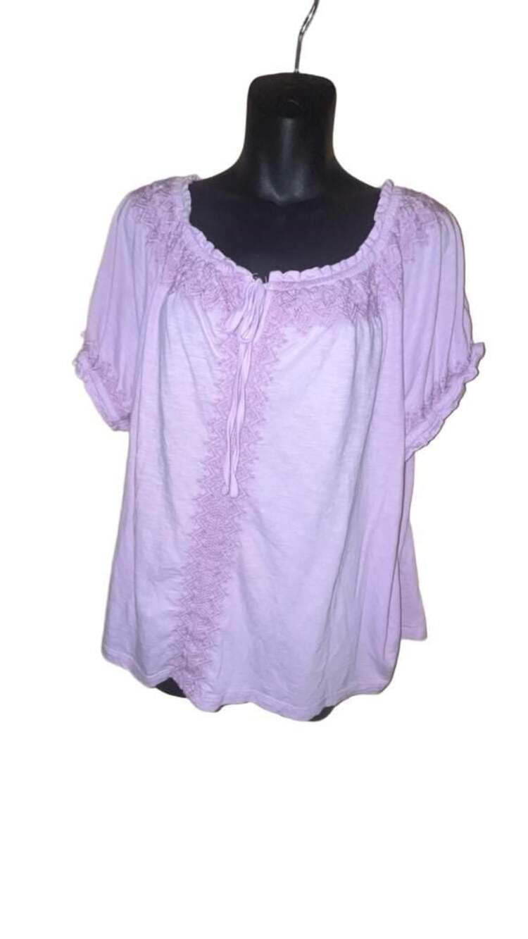 Style & Co Women's Lavender Embroidered Tie-Neck Puff Sleeve Top Boho